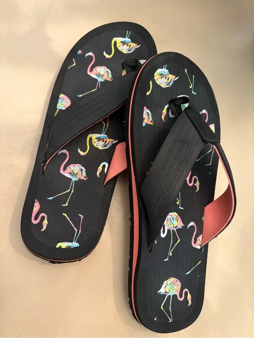 Black Flip Flops with Colorful Flamingo Print
